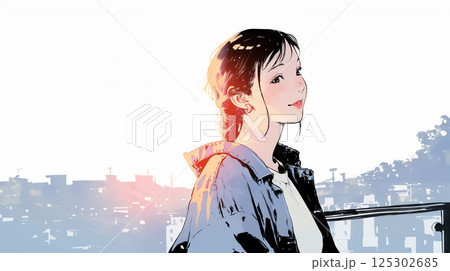 日に照らされる笑顔の女性 125302685