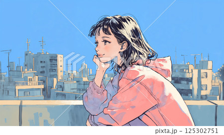 屋上で街を眺める若い女性 125302751