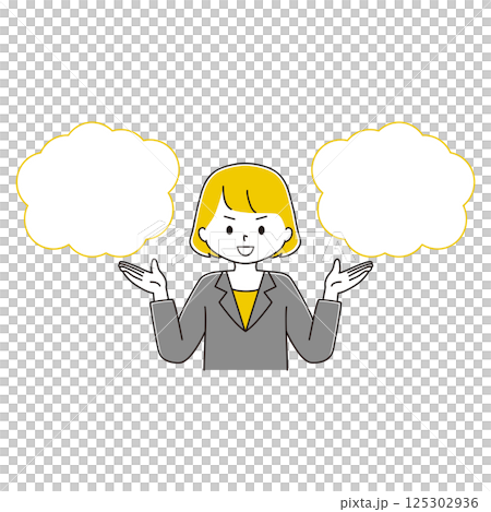2つを比較するスーツ姿の女性のイラスト　フキダシ　笑顔 125302936