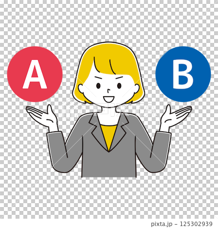 2つを比較するスーツ姿の女性のイラスト　AB　笑顔 125302939