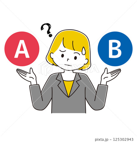 2つを比較するスーツ姿の女性のイラスト AB 困り顔 2つを比較するスーツ姿の女性のイラスト AB 困り顔 125302943