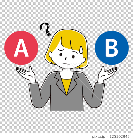 2つを比較するスーツ姿の女性のイラスト AB 困り顔 2つを比較するスーツ姿の女性のイラスト AB 困り顔 125302943