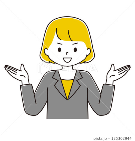 両手を挙げるスーツ姿の女性のイラスト 笑顔 両手を挙げるスーツ姿の女性のイラスト 笑顔 125302944