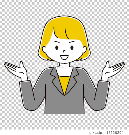 両手を挙げるスーツ姿の女性のイラスト 笑顔 両手を挙げるスーツ姿の女性のイラスト 笑顔 125302944