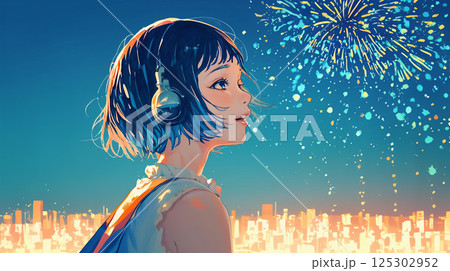 ヘッドフォンをして花火を見る女性 ヘッドフォンをして花火を見る女性 125302952
