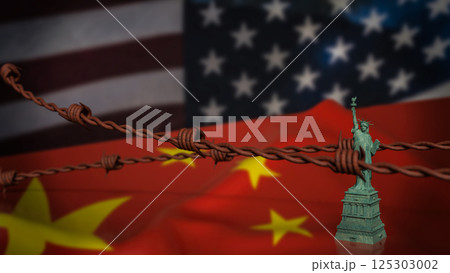 The Statue of Liberty on China and America flag Background 3d Rendering. 125303002