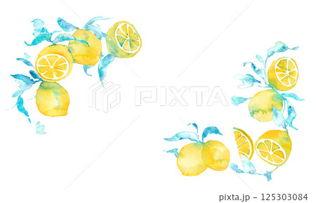 水彩のレモンイラスト。水彩画のレモンベクター素材。夏のレモン背景イラスト。 125303084