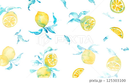 水彩のレモンイラスト。水彩画のレモンベクター素材。夏のレモン背景イラスト。 125303100