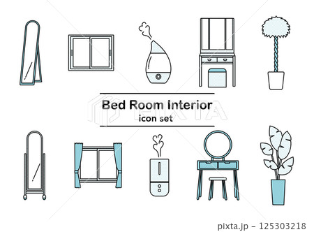 寝室にある家具のシンプルな線画イラストアイコンセット（単色カラー） 125303218
