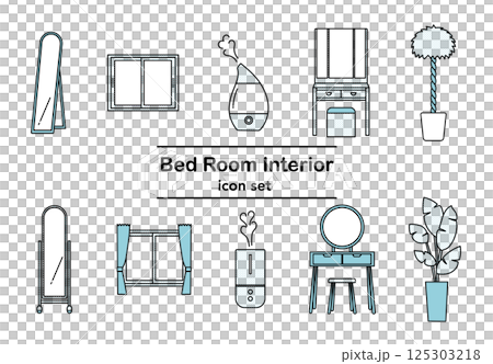 Simple line drawing illustration icon set of bedroom furniture (monochrome color) 125303218