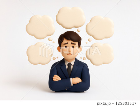 悩むスーツのビジネスパーソン　まわりに吹き出し 125303517
