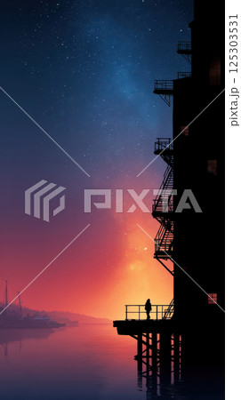 Silhouette of person on balcony at sunset with starry sky Silhouette of person on balcony at sunset with starry sky 125303531
