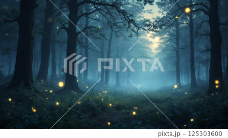 霧がかった夜の森で蛍の光が幻想的に揺れる 125303600