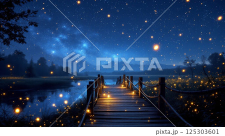橋の上から眺める蛍が舞う夜景 125303601