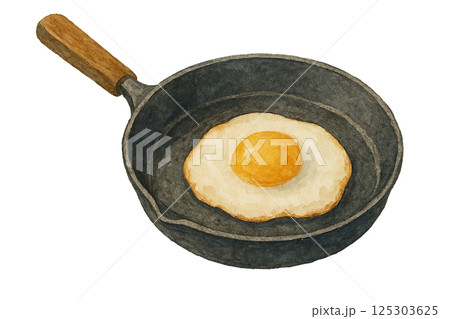 水彩で描いたフライパンで焼いた目玉焼きのイラスト（食品） 125303625