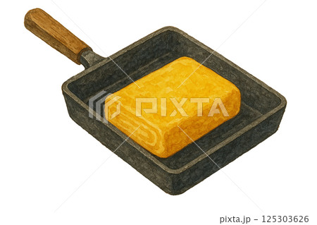 水彩で描いた卵焼き用フライパンで焼いた卵焼きのイラスト（食材・日用品） 125303626