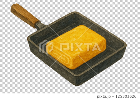 水彩で描いた卵焼き用フライパンで焼いた卵焼きのイラスト（食材・日用品） 125303626