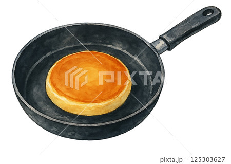水彩で描いたフライパンで焼いたホットケーキのイラスト（食品・日用品） 125303627