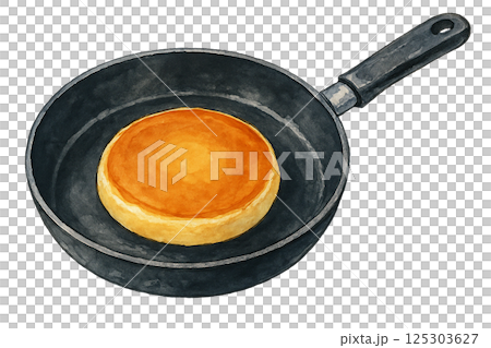 水彩で描いたフライパンで焼いたホットケーキのイラスト（食品・日用品） 125303627