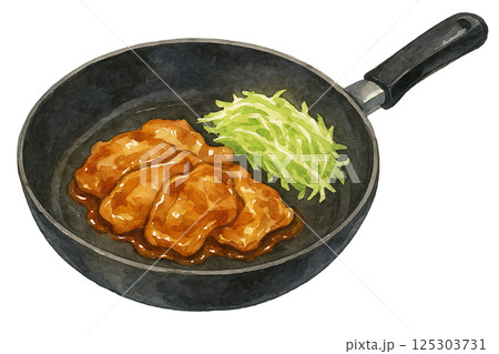 水彩で描いたフライパンの豚の生姜焼きとキャベツのイラスト（食品・日用品） 125303731