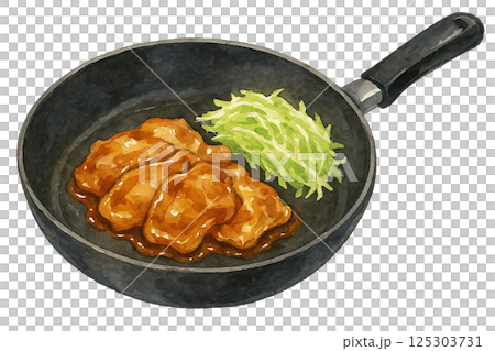 Watercolor illustration of pork ginger and cabbage in a frying pan (food and daily necessities) 125303731