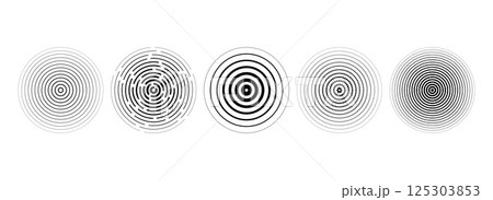 Black concentric circle collection. Dotted and dashed round sound wave set. Epicenter, target, radar, sonar icon concept. Radial radio signal or vibration elements. Linear halftone symbols. Vector Black concentric circle collection. Dotted and dashed round sound wave set. Epicenter, target, radar, sonar icon concept. Radial radio signal or vibration elements. Linear halftone symbols. Vector 125303853