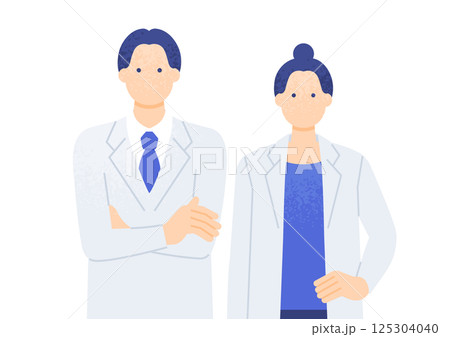 大学病院・クリニックで活躍する医療スタッフ。白衣を着た男女の医師。ベクターイラスト素材。 大学病院・クリニックで活躍する医療スタッフ。白衣を着た男女の医師。ベクターイラスト素材。 125304040