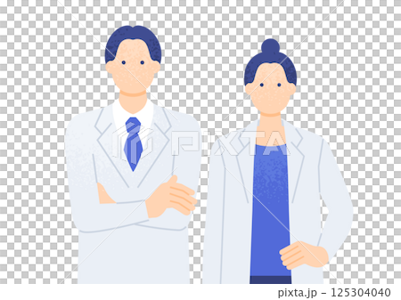 大学病院・クリニックで活躍する医療スタッフ。白衣を着た男女の医師。ベクターイラスト素材。 大学病院・クリニックで活躍する医療スタッフ。白衣を着た男女の医師。ベクターイラスト素材。 125304040