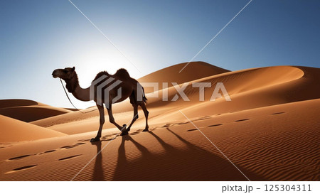 砂漠を行くラクダ 125304311