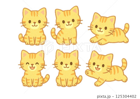 いろんなポーズの黄色いトラ柄ねこ6体セット（元気でかわいいキャラクター） 125304402