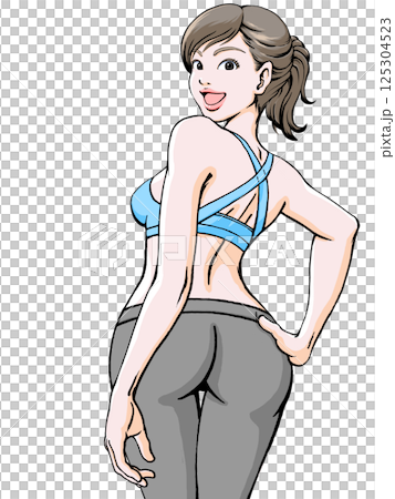 振り返る笑顔の女性_スポーツウェア_腰に手_上半身2 125304523