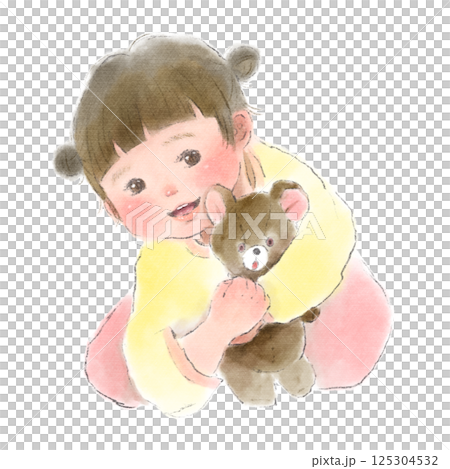 クマのぬいぐるみを抱いた笑顔の女の子の水彩イラスト 125304532