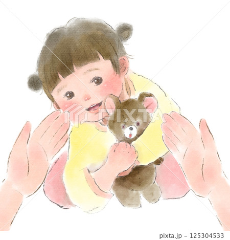 クマのぬいぐるみを抱いた女の子に母親が手を伸ばすシーンの水彩イラスト 125304533