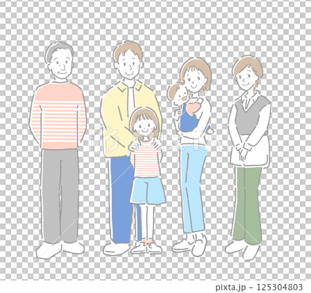 Full-body illustration of a three-generation family smiling at you Full-body illustration of a three-generation family smiling at you 125304803