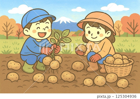 じゃがいも掘りを楽しむ子どもたち(秋の収穫体験イラスト) じゃがいも掘りを楽しむ子どもたち(秋の収穫体験イラスト) 125304936