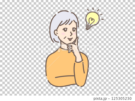 A middle-aged woman drawn in soft colors, looking happy after coming up with an idea and solving a problem A middle-aged woman drawn in soft colors, looking happy after coming up with an idea and solving a problem 125305230