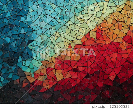 ステンドグラスのような三角のタイルのモザイク模様の背景素材 125305522