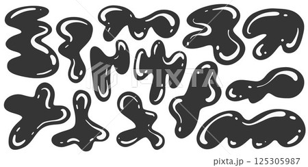 Abstract blob shapes. Organic liquid random wavy forms. Irregular fluid black spots and bubbles. Vector glossy elements. Trendy drops silhouettes. Modern Y2K swirl amoeba splotch. Abstract blob shapes. Organic liquid random wavy forms. Irregular fluid black spots and bubbles. Vector glossy elements. Trendy drops silhouettes. Modern Y2K swirl amoeba splotch. 125305987