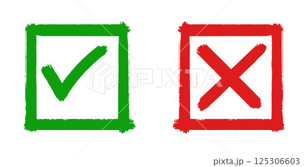 Set of flat design icons showing a green check mark and a red cross. These symbols are commonly used to represent correct vs. incorrect, approval vs. rejection, and right vs. wrong concepts. 125306603