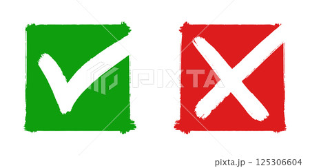 Set of flat design icons showing a green check mark and a red cross. These symbols are commonly used to represent correct vs. incorrect, approval vs. rejection, and right vs. wrong concepts. 125306604