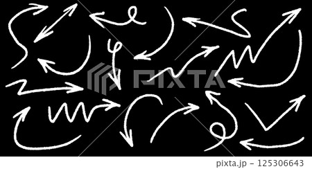 collection of hand drawn white arrows on a black background, perfect for presentations, infographics, and creative projects. This sketch style arrow collection includes curved, straight, wavy, and 125306643