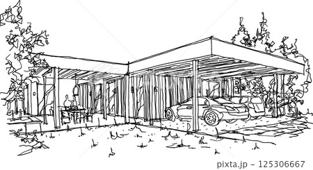 hand drawn architectural sketch of modern one story detached house with flat roof over parking 125306667