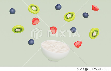 Fresh Yogurt Bowl with Strawberry Blueberry Kiwi. 3D Rendering. 125306690