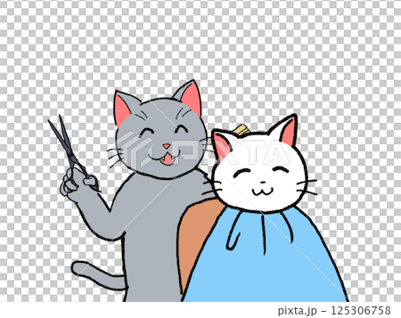 楽しそうに散髪する猫の美容師さんと白猫 125306758