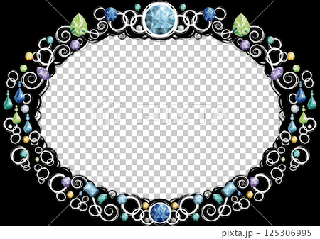 橫向橢圓形框架，飾有珠寶（冷色調，白色線條） 125306995