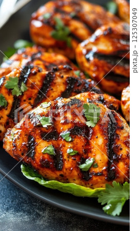 Grilled chicken breasts with spices and fresh cilantro on black plate 125307049