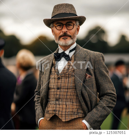 Vintage fashion gentleman in tweed suit and hat at outdoor event 125307051