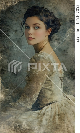 Vintage-inspired portrait of a young woman in lace dress 125307053
