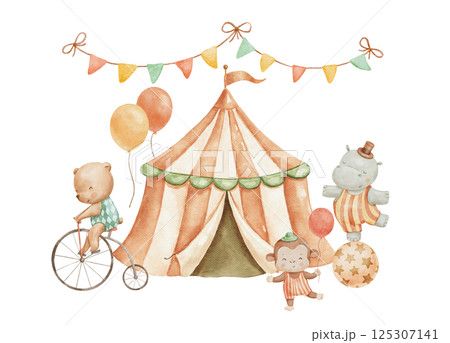 Cute circus isolated illustration. Childish hand drawn design with funny animals, garland and tent. 125307141