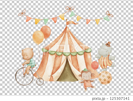Cute circus isolated illustration. Childish hand drawn design with funny animals, garland and tent. 125307141